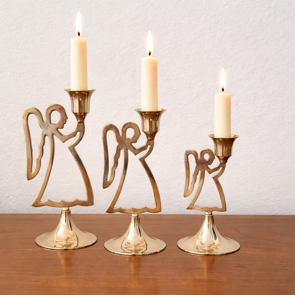VTG Praying Angel Candlesticks Set of 3 by International Silver Co – Brass Tone